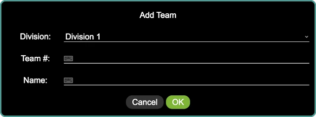 The add team panel, allowing a new team to be added