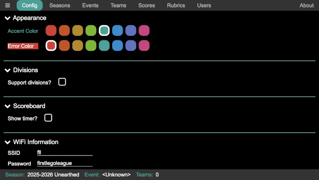 The Config panel, showing the configuration settings
